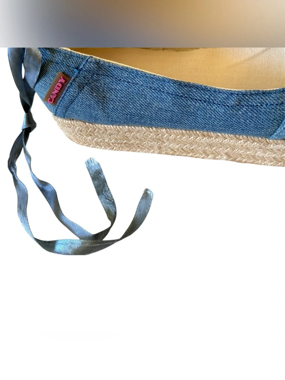 Rock & Candy Blue Denim Wedge Espadrilles with Bow and Ankle Ties